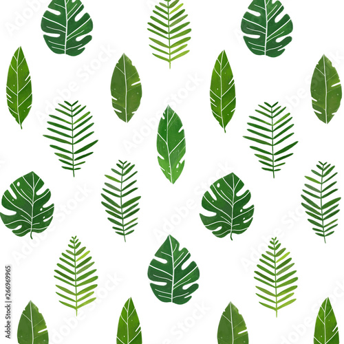 Simple trendy green pattern with tropical leaves. Cartoon illustration for prints, clothing, packaging and postcards.