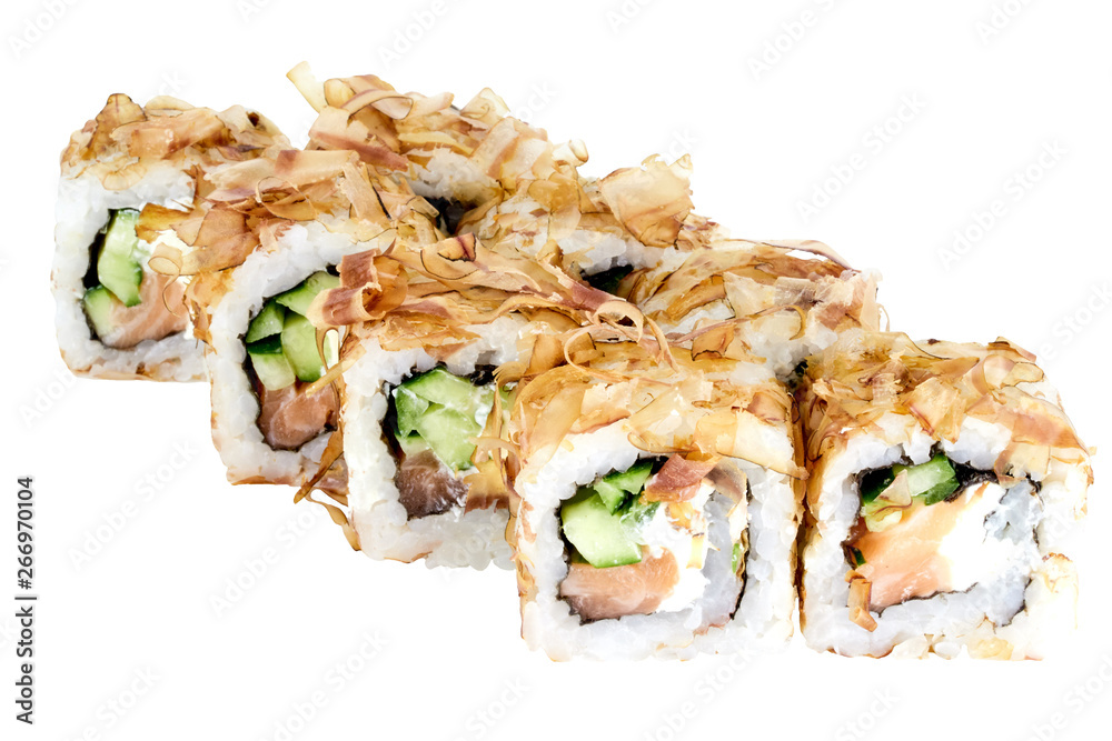 Sushi roll japanese food isolated on white background sushi roll in cod shavings with salmon and cucumber close-up Sushi roll japanese food isolated on white background sushi roll in cod shavings with salmon and cucumber close-up