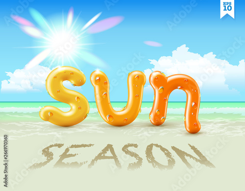 Wet yellow and orange glossy vector font lettering SUN season with fresh water drops on it hanging over beaming summer sun on the tropical beach. Holiday background concept illustration. (ID: 266970360)