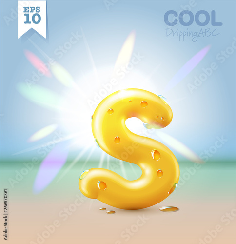 Wet yellow glossy vector font - S with fresh drops of water on it hanging over the beach under the bright sun. Vector realistic typeset. (ID: 266970361)