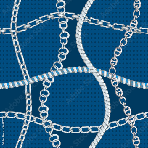 Seamless pattern with retro hand-drawn sketch silver chain on dark background. Drawing engraving texture. Great design for fashion, textile, decorative frame, yacht style card.