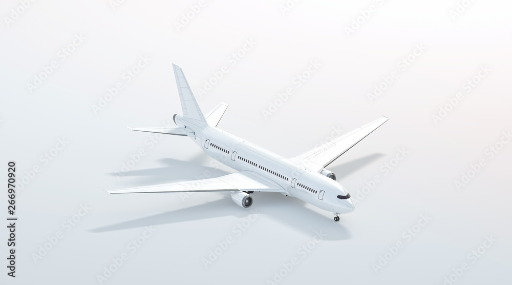Blank white airplane mock up stand, side view isolated, 3d rendering. Clear plain air plane isometric mockup template. Empty avia aeroplane model for logo design branding. Blank white airplane mock up stand, side view isolated, 3d rendering. Clear plain air plane isometric mockup template. Empty avia aeroplane model for logo design branding.