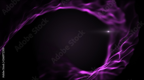 Abstract liquid whirl background. Bright violet, purple shapes on black backdrop. Light blurred white blick is inside the waves.