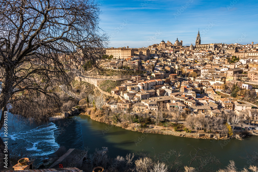 Fototapeta premium View of the city of Toledo and the river Tajo. Community of Castile-La Mancha Spain.