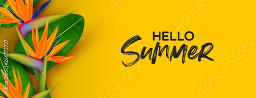 Hello Summer banner of 3d paradise bird flower