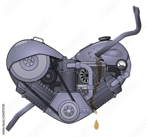Motor heart pierced with a crowbar in the style of steampunk. Vector.