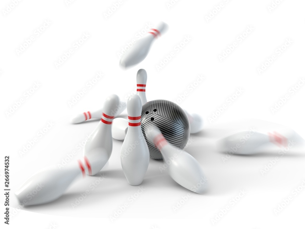 carbon fiber bowling ball with pins. isolated on white background. 3d illustration carbon fiber bowling ball with pins. isolated on white background. 3d illustration