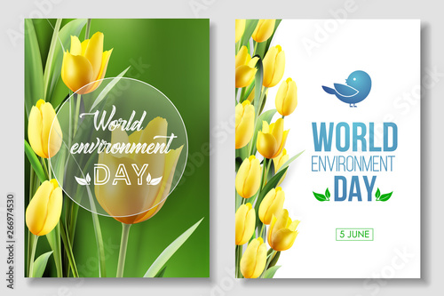 World Environment Day card, banner on the white and green background with flowers, yellow tulips and leaves. 5 june. Eco, bio, nature.