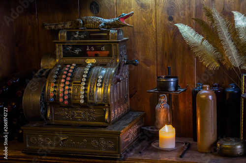 Mystical objects with candle in magic shop of Riga, Latvia. Creative decoration and atmosphere. Vintage and retro style.