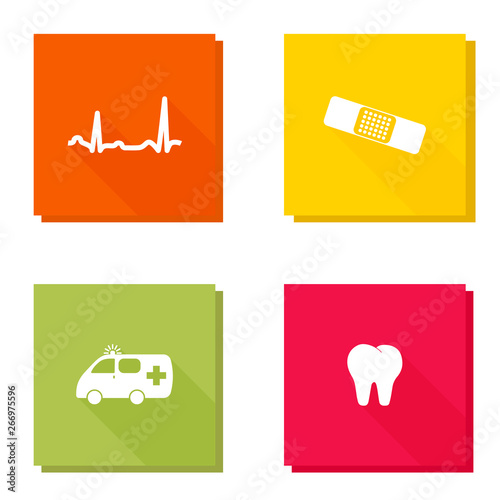 Vector icon set with long shadow electrocardiogram, bactericidal protective plaster, ambulance,tooth vector icon.