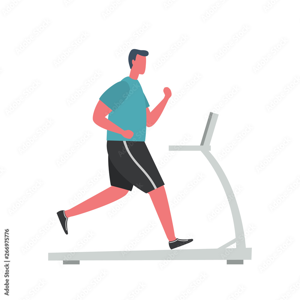 Young man in a sporty uniform is running on a treadmill. People icon. Funny flat style. Vector illustration.