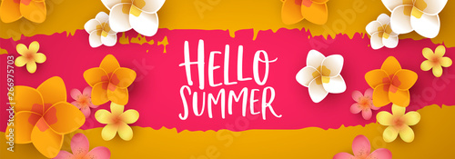 Hello Summer web banner of 3d tropical flowers