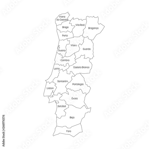 Districts of Portugal. Map of regional country administrative divisions. Colorful vector illustration