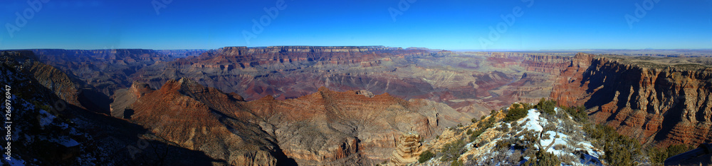Grand Canyon Panorama from South Rim with Bright Blue sky