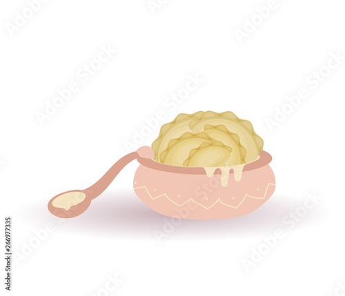 Delicious Ukrainian food - varenyks or dumplings in the pink plate with sour cream and a spoon. Vector illustration