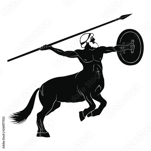 Centaur with a spear and a shield ready to attack. Vector image isolated on white background.
