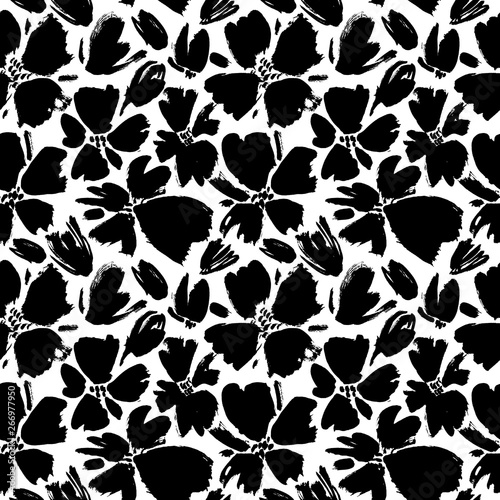 Vector seamless pattern with ink flowers, monochrome artistic botanical illustration, isolated floral elements, hand drawn illustration. Floral monochrome rough strokes as repeatable background.