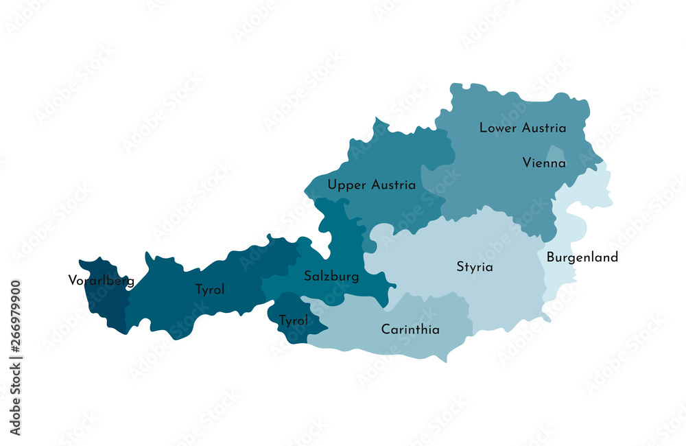 Vector isolated illustration of simplified administrative map of Austria. Borders and names of the regions. Colorful blue khaki silhouettes
