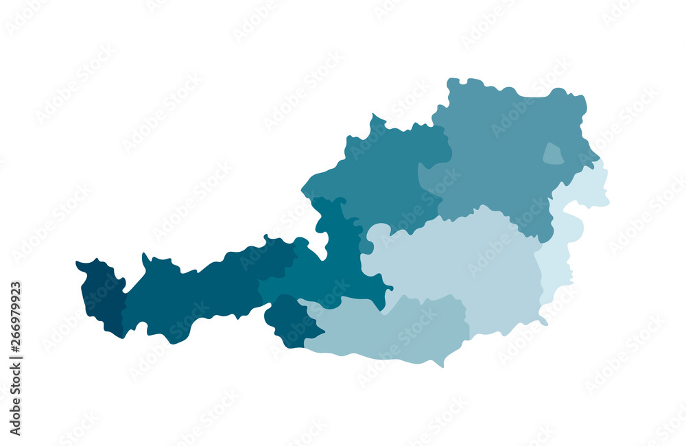 Vector isolated illustration of simplified administrative map of Austria. Borders of the regions. Colorful blue khaki silhouettes