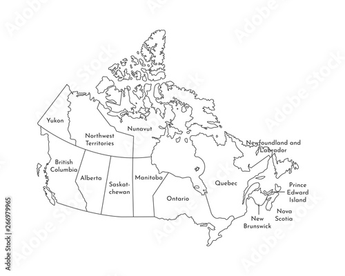 Vector isolated illustration of simplified administrative map of Canada. Borders and names of the regions. Black line silhouettes