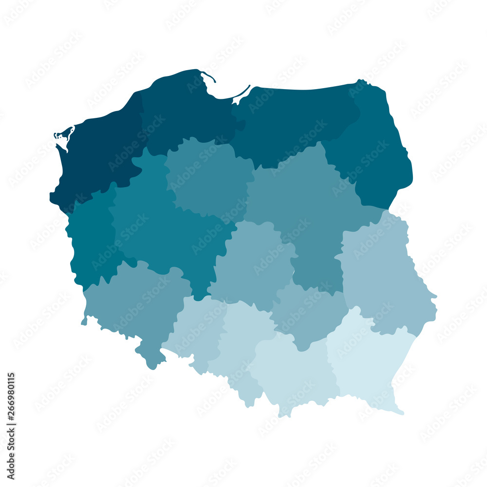 Vector isolated illustration of simplified administrative map of Poland. Borders of the regions. Colorful blue khaki silhouettes