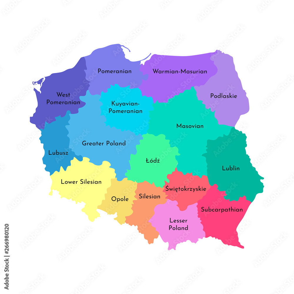 Vector isolated illustration of simplified administrative map of Poland. Borders and names of the regions. Multi colored silhouettes