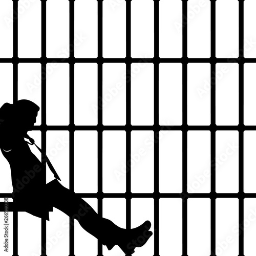 Silhouette prisoner in jail cell, modern with bars. Banner vector illustration metal lattice. Detention centre cells metallic. Isolated way, freedom concept grid. Man in dishonest business