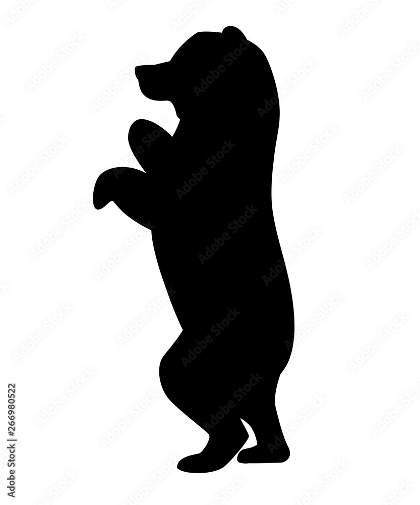 Black silhouette. Grizzly bear. North America animal, brown bear. Cartoon animal design. Flat vector illustration isolated on white background. Bear stand on two legs, side view