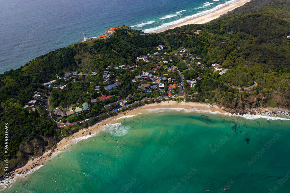 aerial view of Wategoes Beach at Byron Bay with lighthouse. The Photo was taken out of a Gyrocopter, Byron Bay, Queensland, Australia