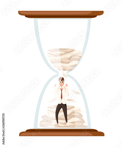 Concept of overwork in office. Tired man in sand hourglass with papers. Cartoon character design. Worked overtime, tired office worker. Stress of work. Flat vector illustration, deadline