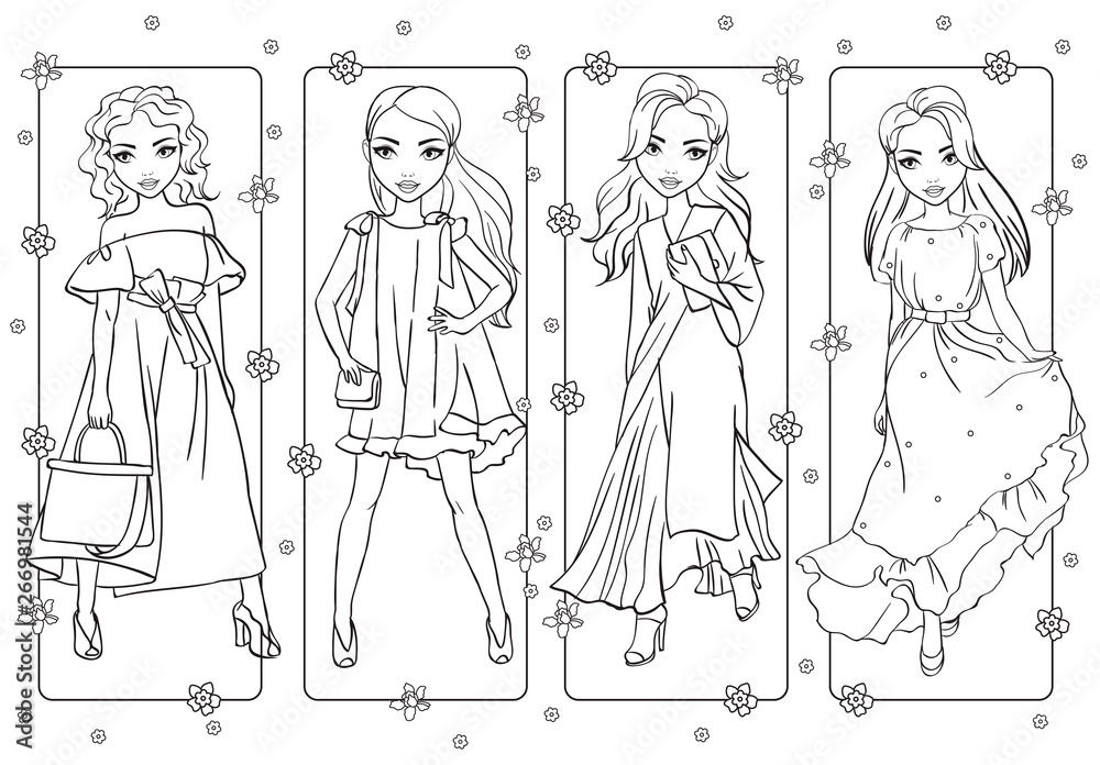 Fototapeta premium Coloring Girls In Romantic Summer Dresses