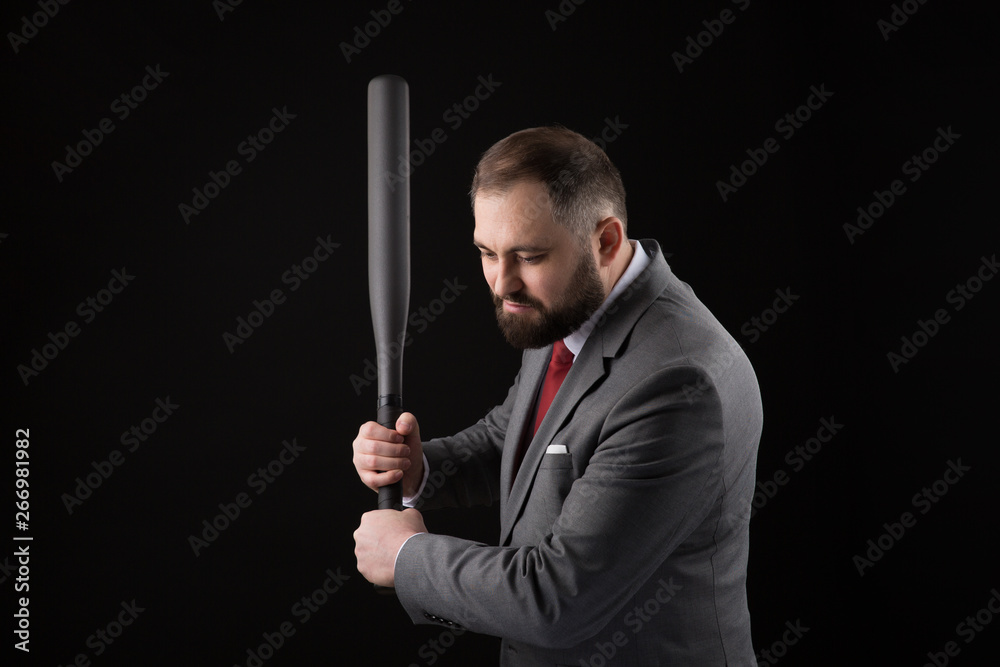 bearded Man in suit and red tie with baseball bat bearded Man in suit and red tie with baseball bat