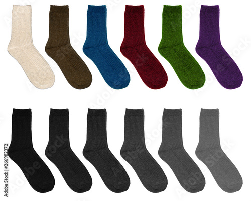 Socks of different colors. Socks in two rows on a white background. Multicolor socks on white background.