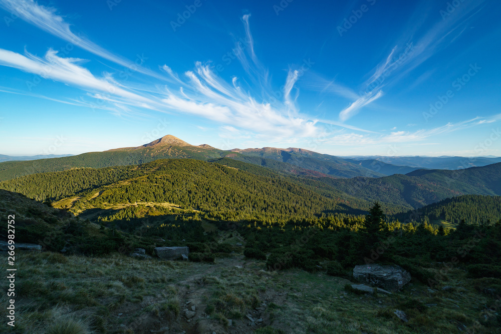 Beautiful sunny landscape of Mount Hoverla is the highest mountain of the Ukrainian Carpathian Mountains, Chornohora, Goverla from Mount Petros