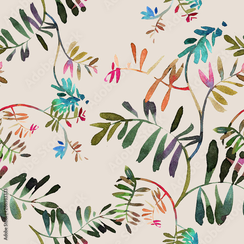 Floral seamless pattern. Watercolor wildflowers, branches and foliage. Bright botanical drawing. Background with flowers for wallpaper, textiles, fabric, clothes, souvenirs, wrapper, surface.