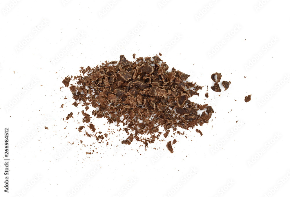 Grated chocolate. Heap of ground chocolate isolated on white background with clipping path, closeup. Grated chocolate. Heap of ground chocolate isolated on white background with clipping path, closeup.