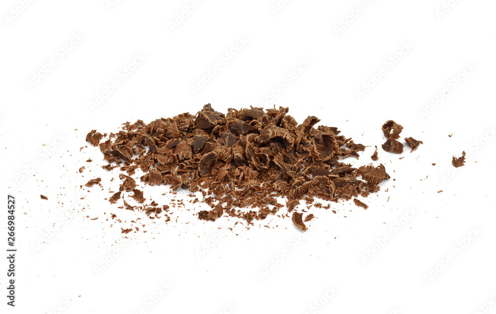 Grated chocolate. Heap of ground chocolate isolated on white background with clipping path, closeup. Grated chocolate. Heap of ground chocolate isolated on white background with clipping path, closeup.