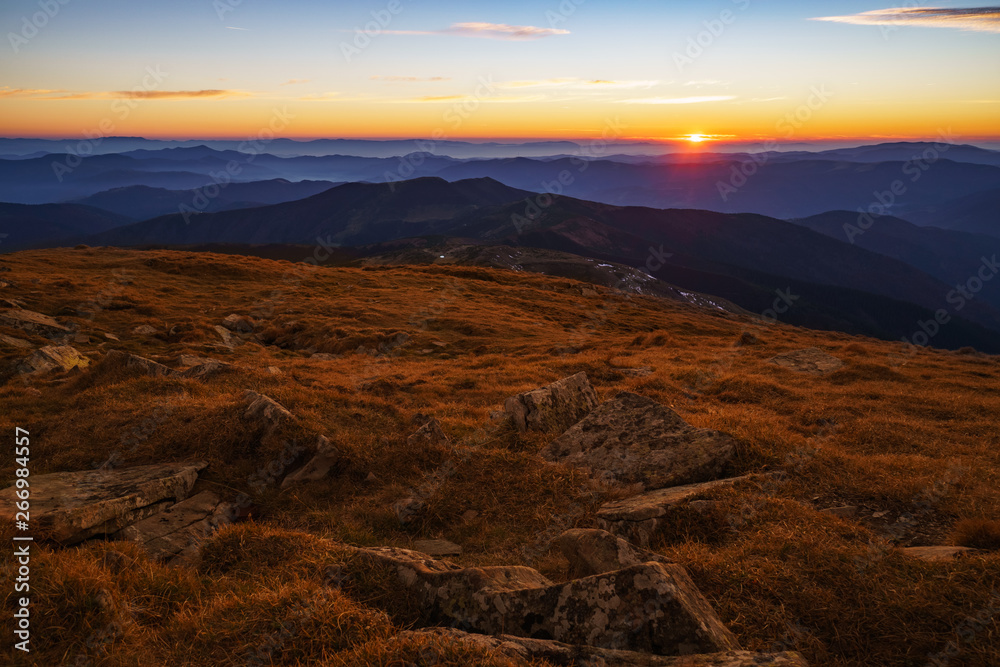 Beautiful landscape at sunset of the Ukrainian Carpathian Mountains, Chornohora from Mount Petros