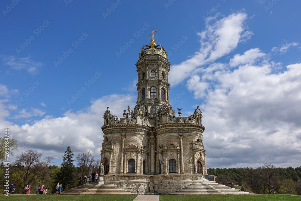 04 MAY 2019, DUBROVITSY, RUSSIA Exterior view to Church of Sign of Blessed Virgin in Dubrovitsy Znamenskaya church in Podolsk Moscow region, Russia