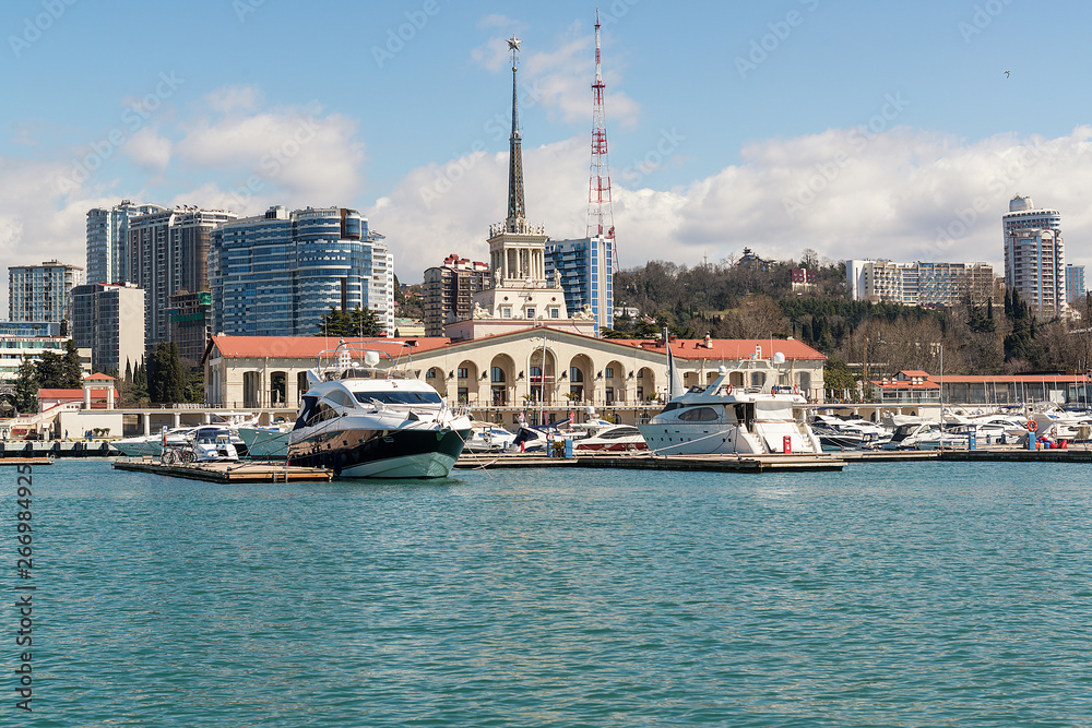 Panorama of the port with yachts in Sochi, Russia - March 30, 2019.