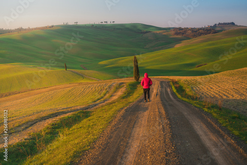 Back view of man in jacket walking on empty rural road in majestic green fields of Italy photo