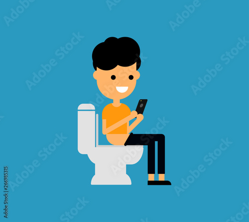 Young man is sitting on the toilet, holding smartphone and watching social networks. Male cartoon character Isolated on blue background. Vector Illustration.