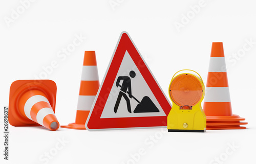Baustelle Warnung - Bakenleuchte Baustellenleuchte Gehäuse gelb - Glas orange mit Schild Baustelle und mehreren Verkehrshütchen - freigestellt