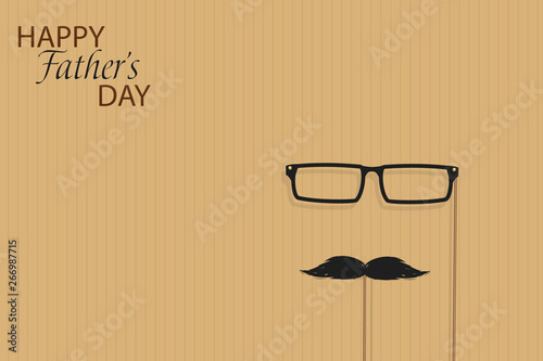 Happy Fathers Day template greeting card. Fathers day Banner, flyer, invitation, congratulation or poster design. Father's day concept. Design with black mustache, glasses on brown background.