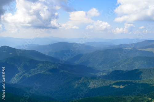 Panoramic view from Hoverla, Carpathian mountains, Ukraine. Horizontal outdoors shot