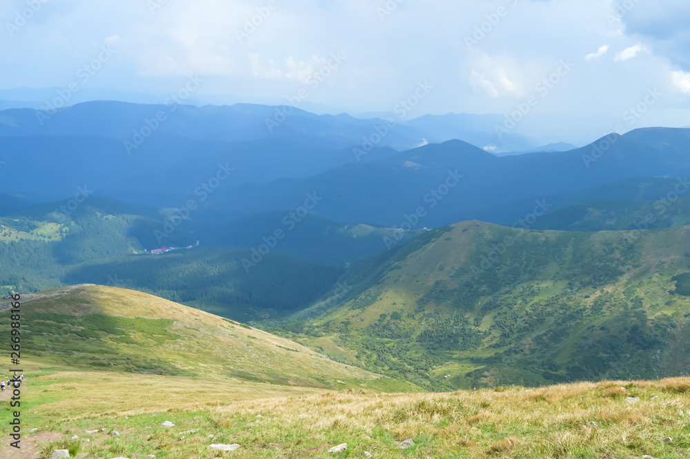 Panoramic view from Hoverla, Carpathian mountains, Ukraine. Horizontal outdoors shot