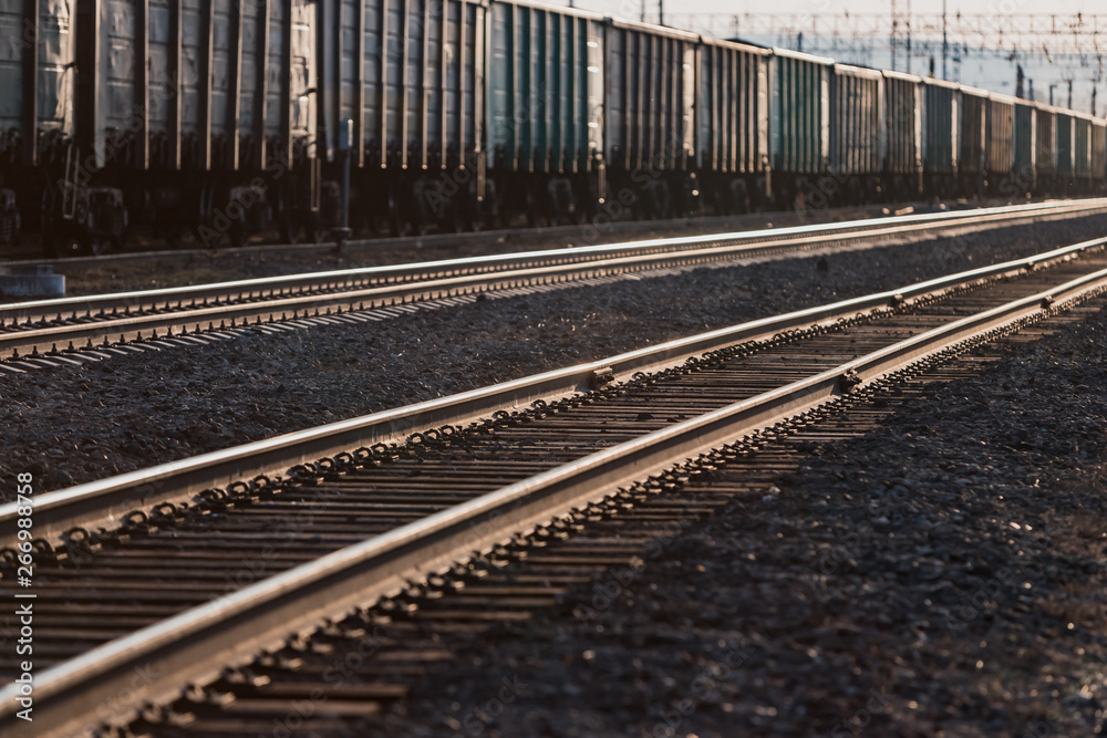 The train is on the railway track. Many cars with cargo in the rays of sunset lighting.