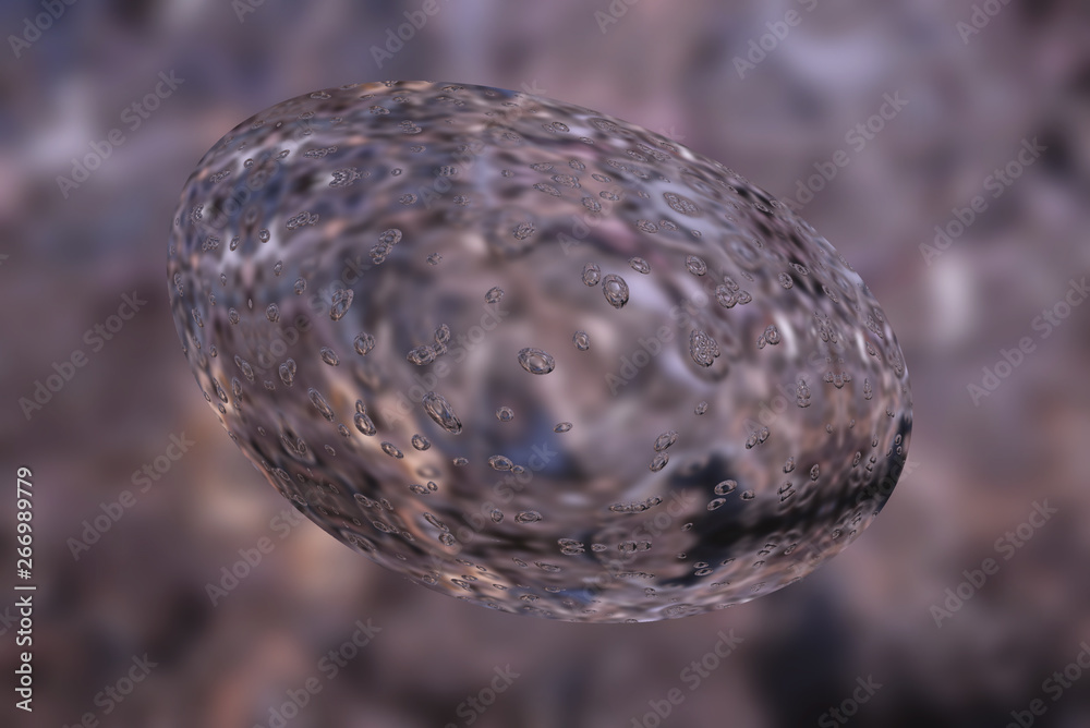 A drop of water inside which there are many air bubbles on spotted background. Abstract 3d rendering illustration