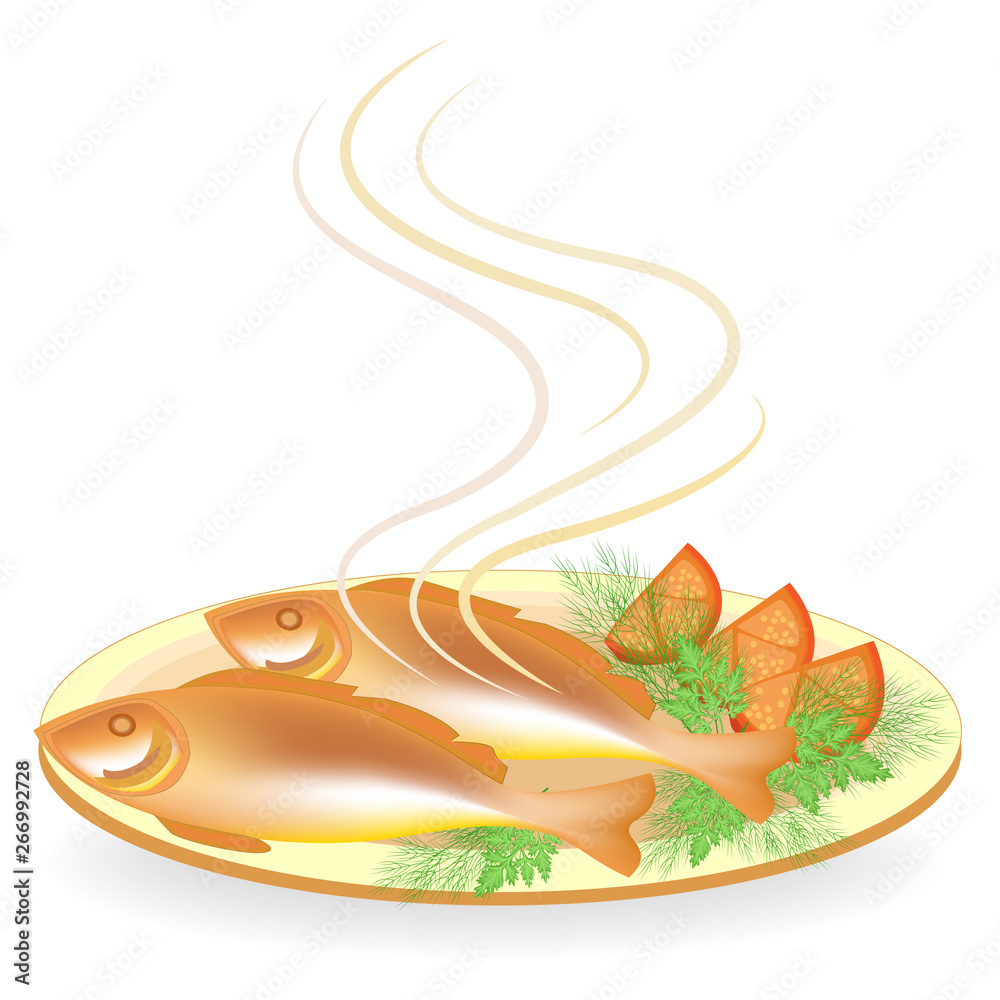 Two fried hot fish on a plate. Tasty and nutritious food. Next to a tomato, parsley and dill. Suitable for breakfast, lunch or dinner. Vector illustration Two fried hot fish on a plate. Tasty and nutritious food. Next to a tomato, parsley and dill. Suitable for breakfast, lunch or dinner. Vector illustration