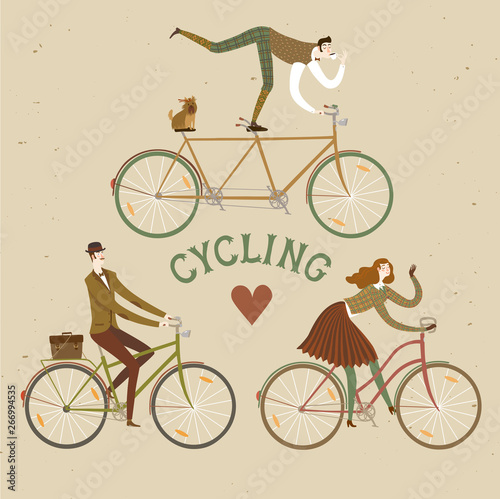 Foto Funny lady and gentleman cyclists set.